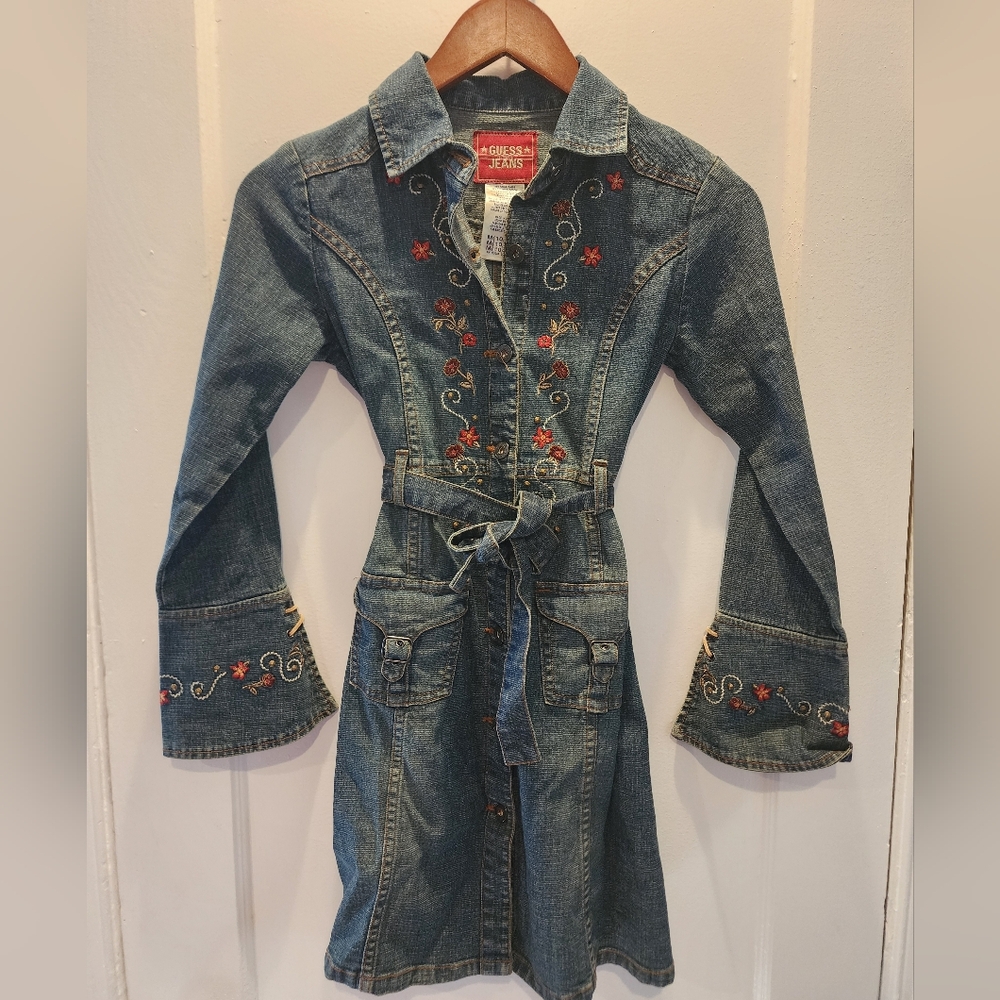 Guess Girls Embroidered Denim Dress - Blue